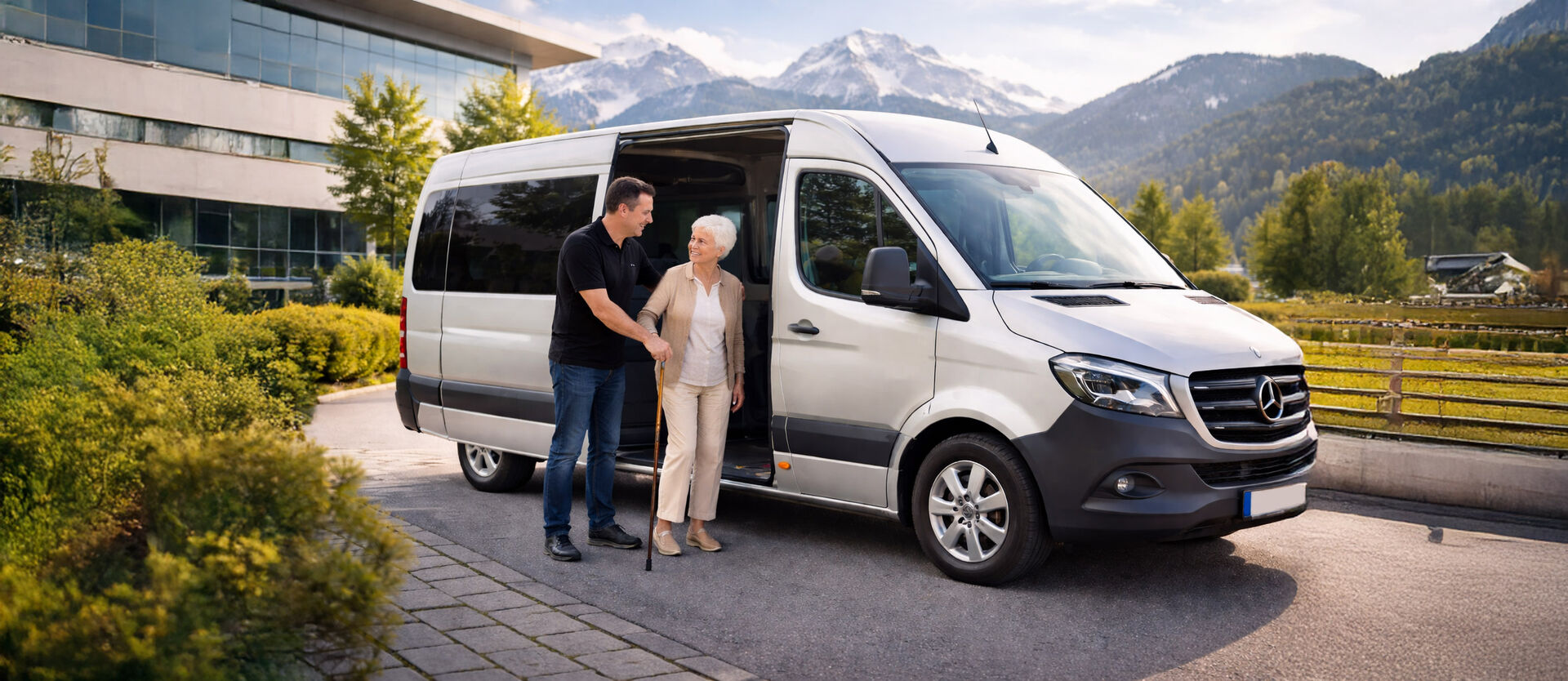 Medical transport by Taxi-Busreisen Schreder – driver assisting patient