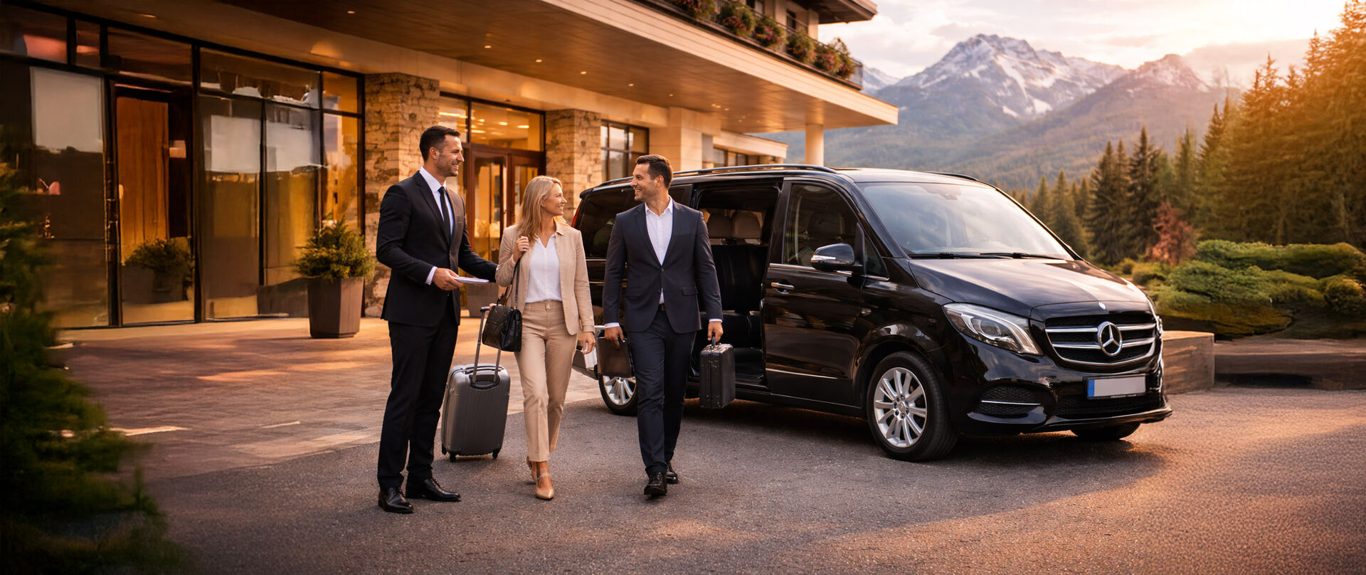 VIP-Limousinenservice von Taxi Schreder – Chauffeur empfängt Gäste vor Hotel in Tirol